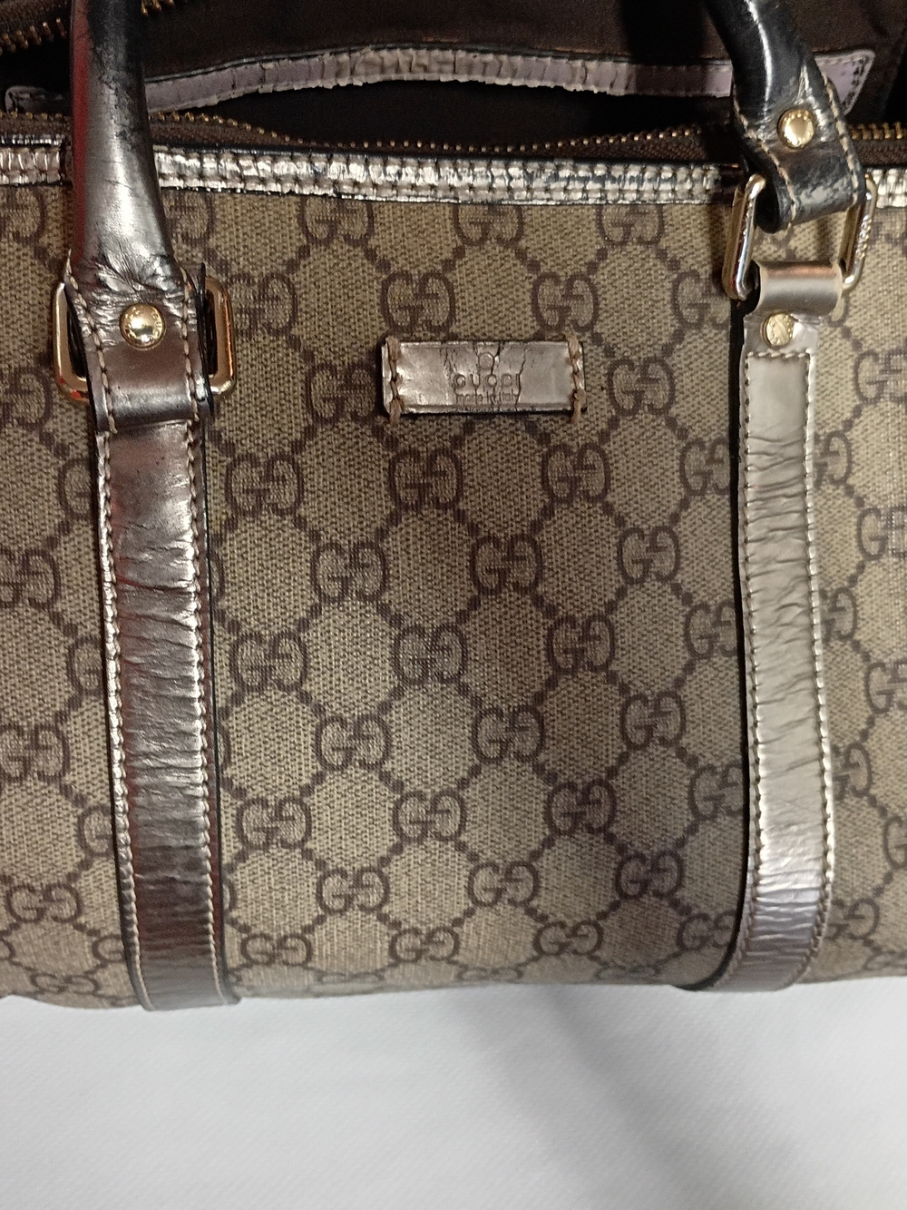 Authentic Vintage Gucci Sliver GG Monogram Satchel with Metallic Trim